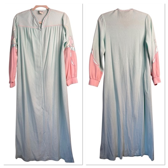 Vintage Other - Vintage Appel Fleece Robe Long Maxi Blue & Pink Zips Half Way Size Small mumu C7